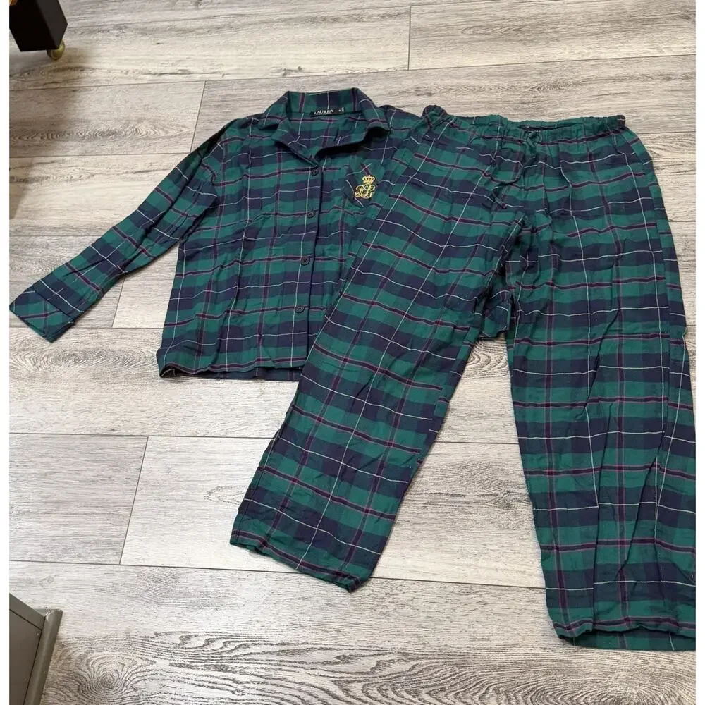 Lauren Ralph Lauren RLL Womens Medium Crest Logo Tartan Plaid Pajamas 2 pc Set